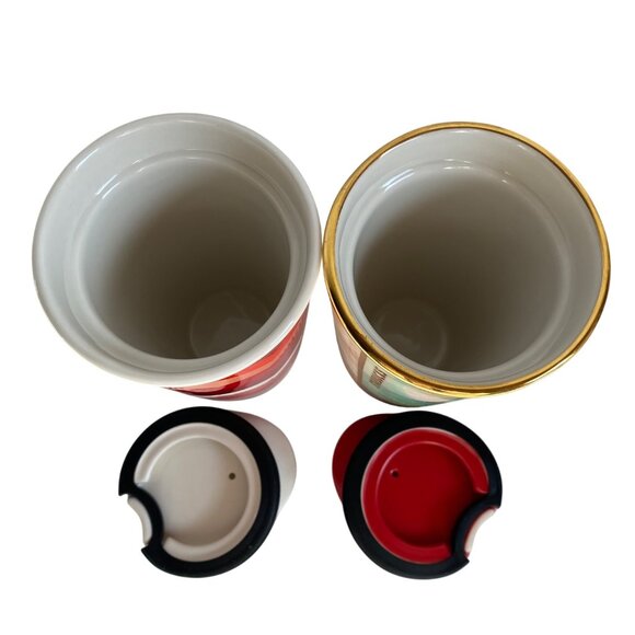 Starbucks Ceramic Travel Mugs Set Of 2 Chevron & Floral Designs W/ Silicone Lids - Picture 5 of 6